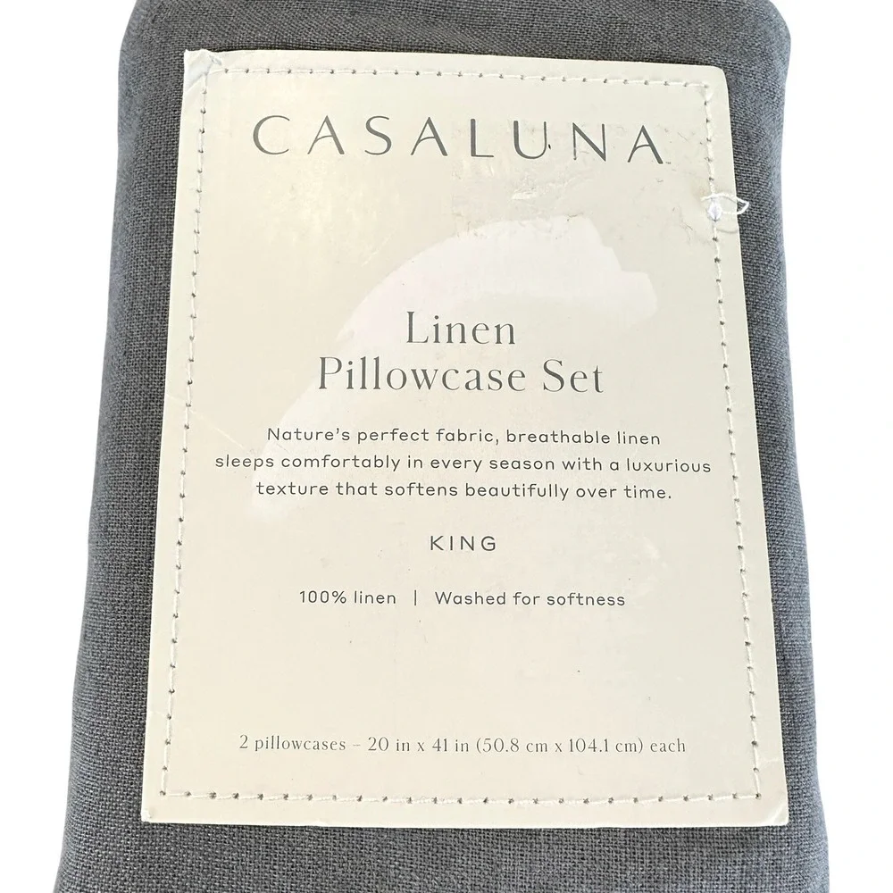 Casaluna King Size 100% Washed Linen Solid Pillowcase Set Dark Grey Set of 2 NWT